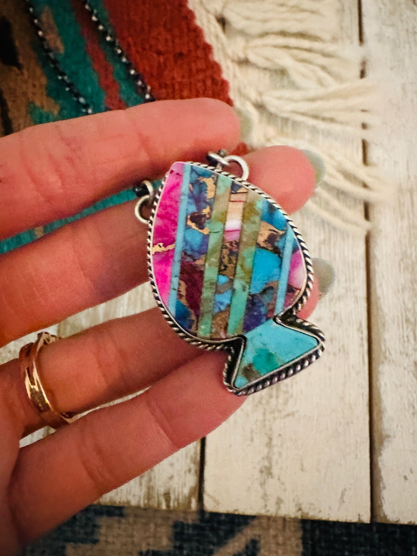 Handcrafted Sterling Silver & Multi Stone Inlay Spade Necklace