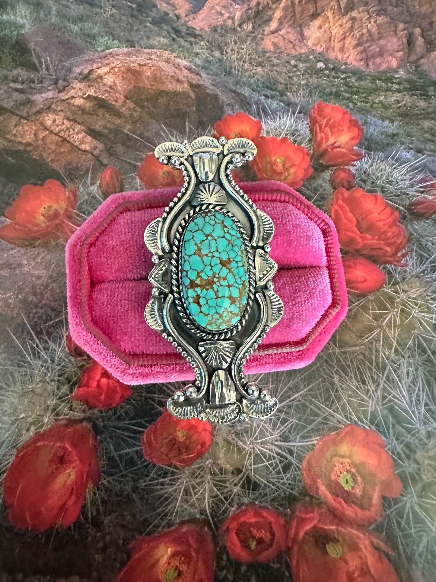 Handmade Number 8 Turquoise & Sterling Silver Adjustable Ring OVAL