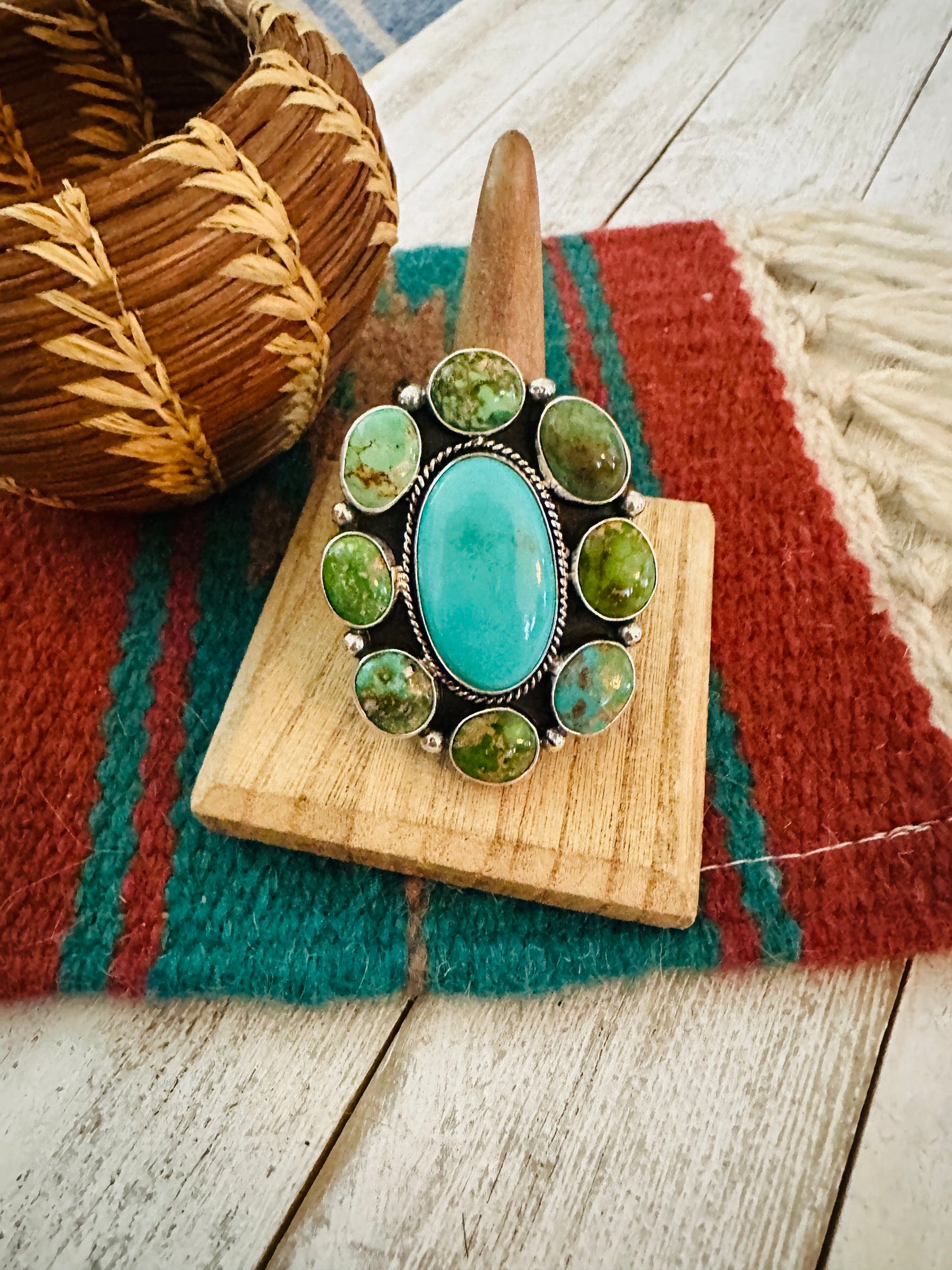 Handcrafted Sterling Silver & Multi Turquoise Cluster Adjustable Ring