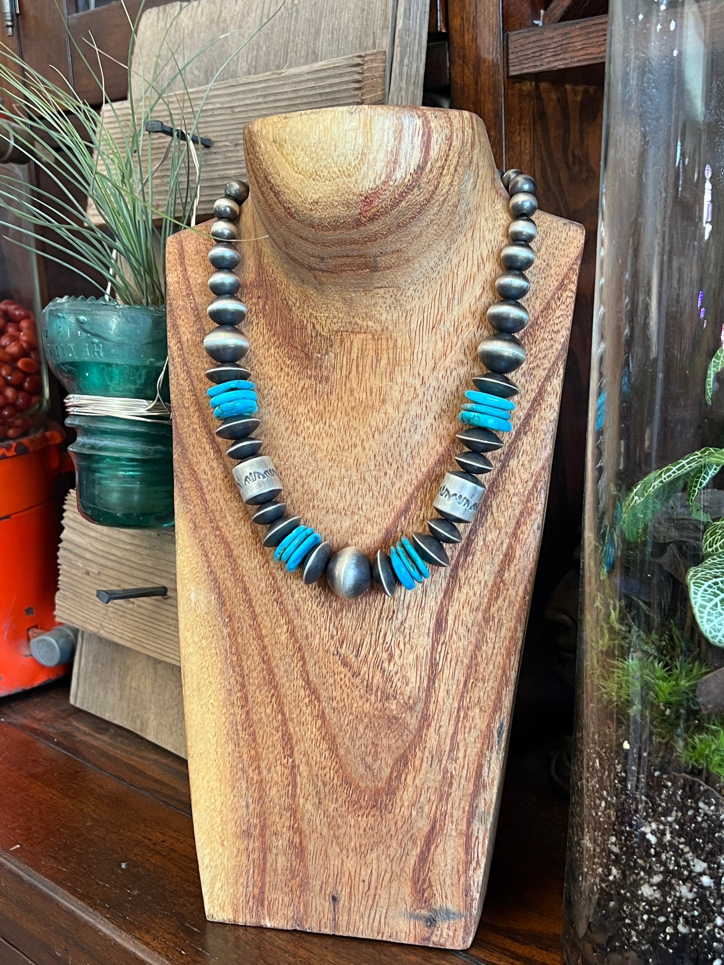 Handcrafted Sterling Silver and Kingman Turquoise Beaded Necklace by Rose Martin, 18 Inches