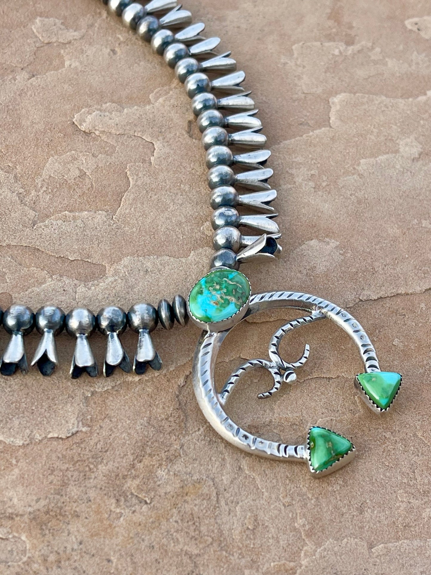 Beautiful Handmade Sterling Silver & Sonoran Mountain Turquoise Squash Blossom Necklace