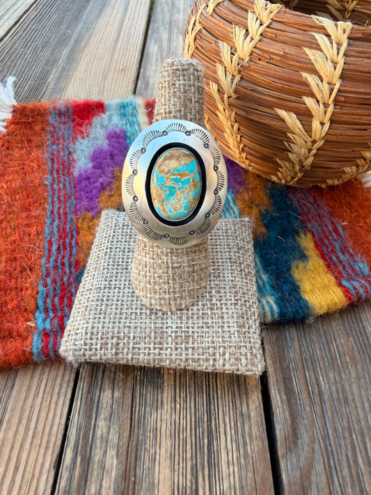 Handcrafted Royston Turquoise & Sterling Silver Ring Size 8.5