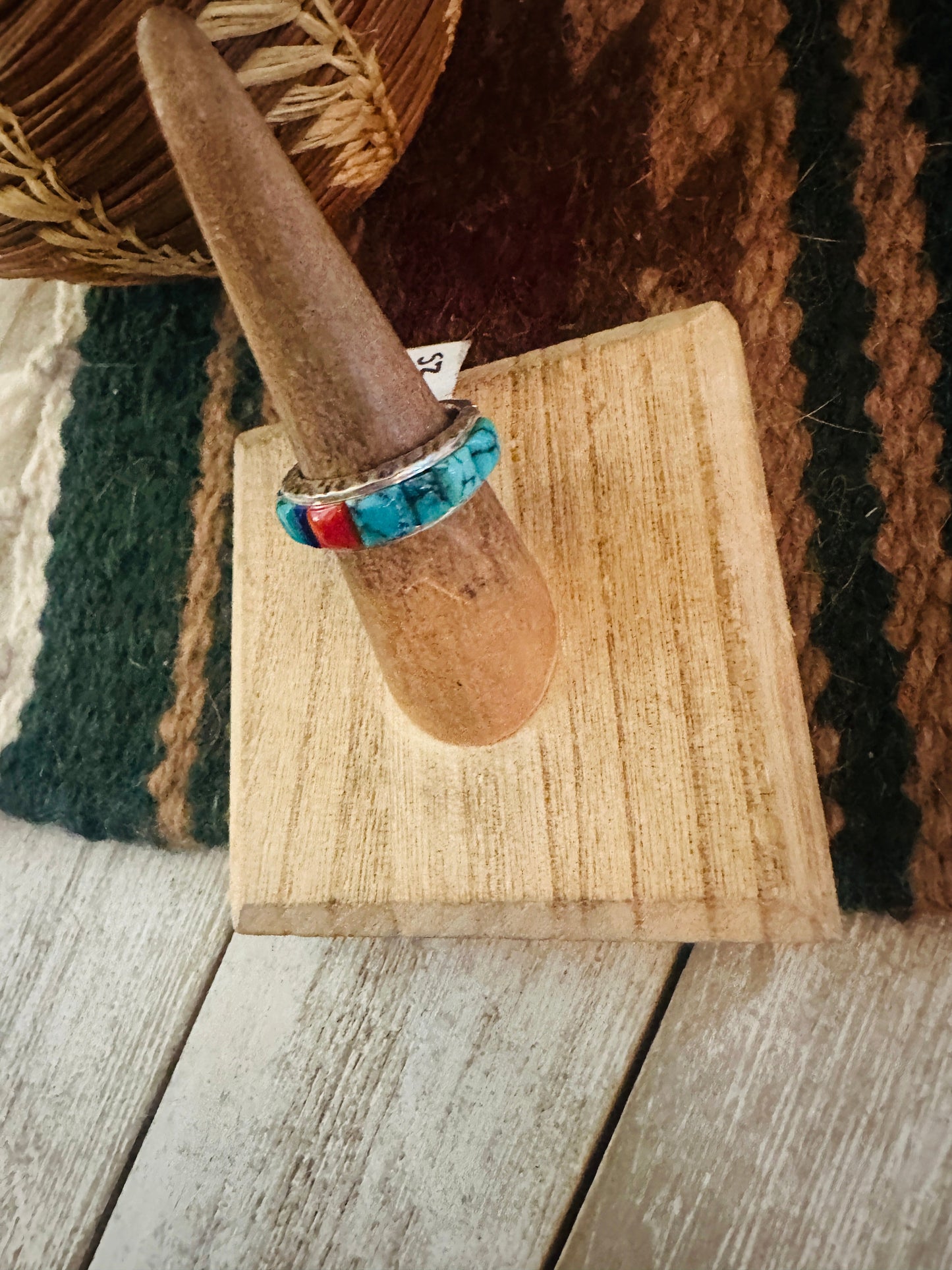Handcrafted Turquoise, Coral, Lapis & Sterling Silver Inlay Ring Size 6