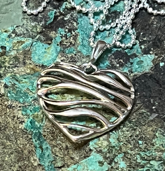 Ribbon Heart Sterling Silver Pendant Necklace
