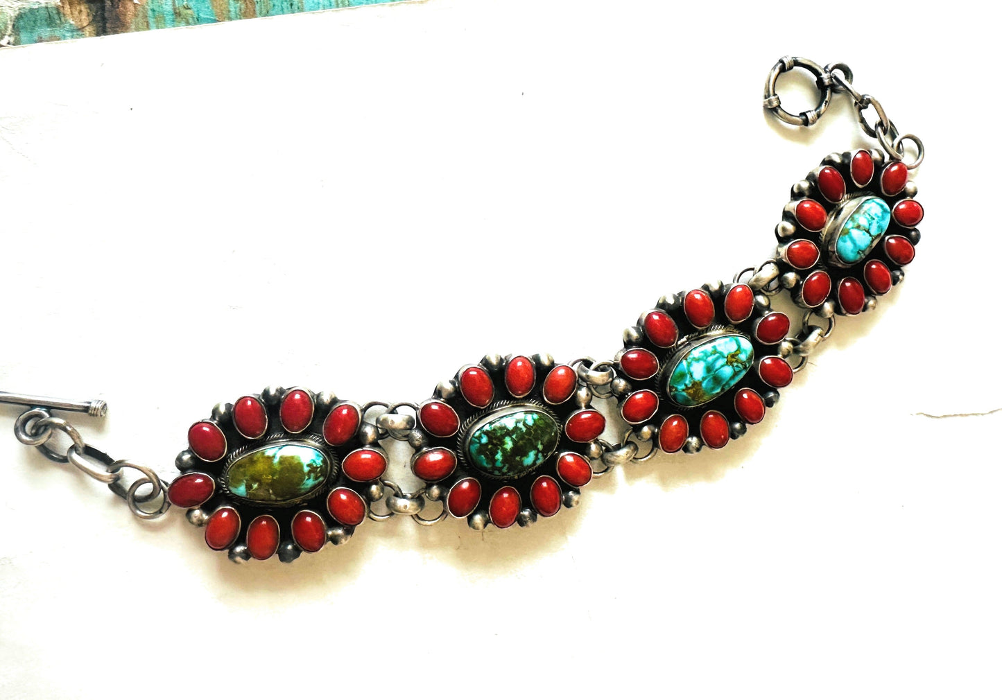 Handcrafted Coral, Turquoise & Sterling Silver Link Bracelet