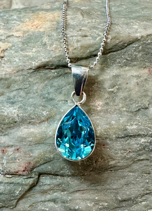 Aquamarine Blue Crystal  Teardrop Sterling Silver Pendant Necklace