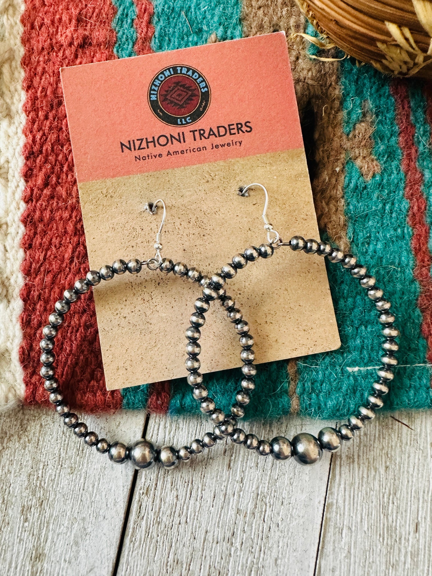 Handcrafted Sterling Silver Pearl Beaded Dangle Hoop Earrings 3”