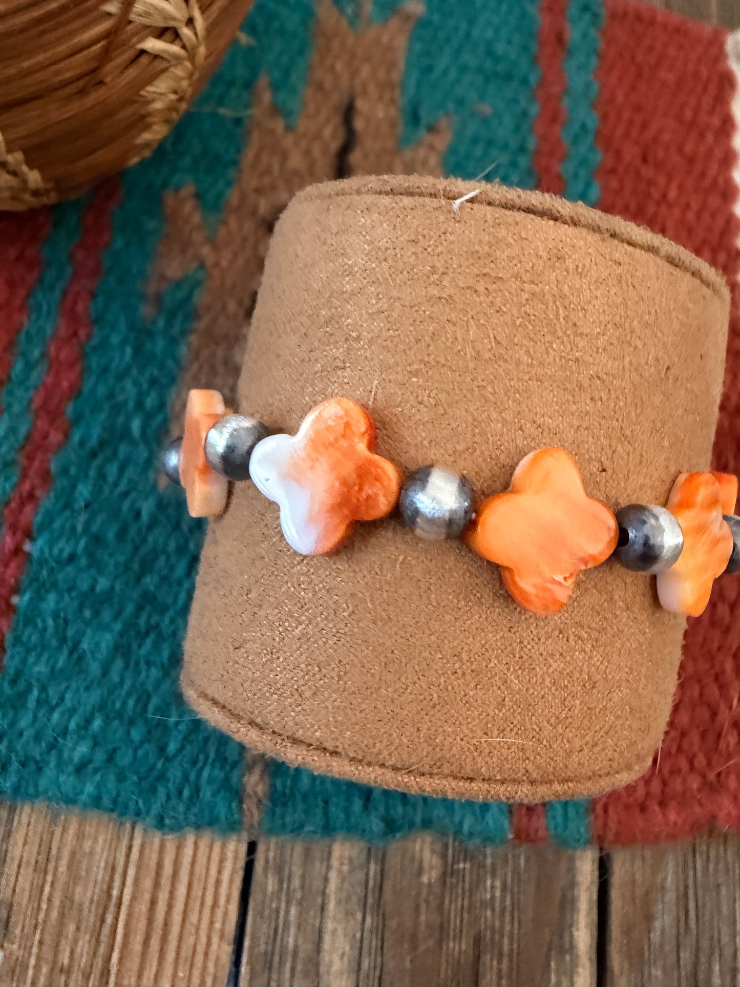Handcrafted Spiny Oyster & Sterling Silver Pearl Cross Beaded Stretch Bracelet