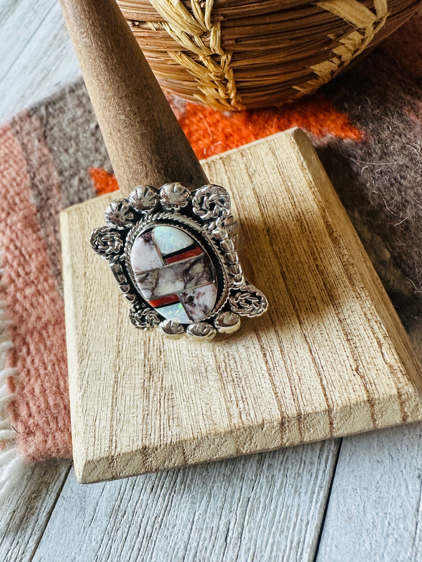 Handcrafted Sterling Silver & Multi Stone Inlay Ring Size 9.5
