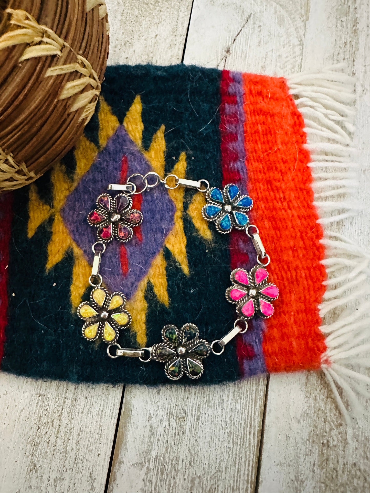 Handcrafted Multicolor Opal & Sterling Silver Flower Link Bracelet