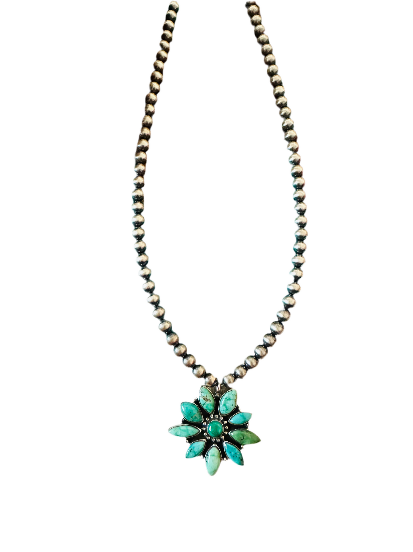 ** Christmas Collection ** Handmade Sterling Silver & Emerald Valley Beaded Necklace Signed Nizhoni