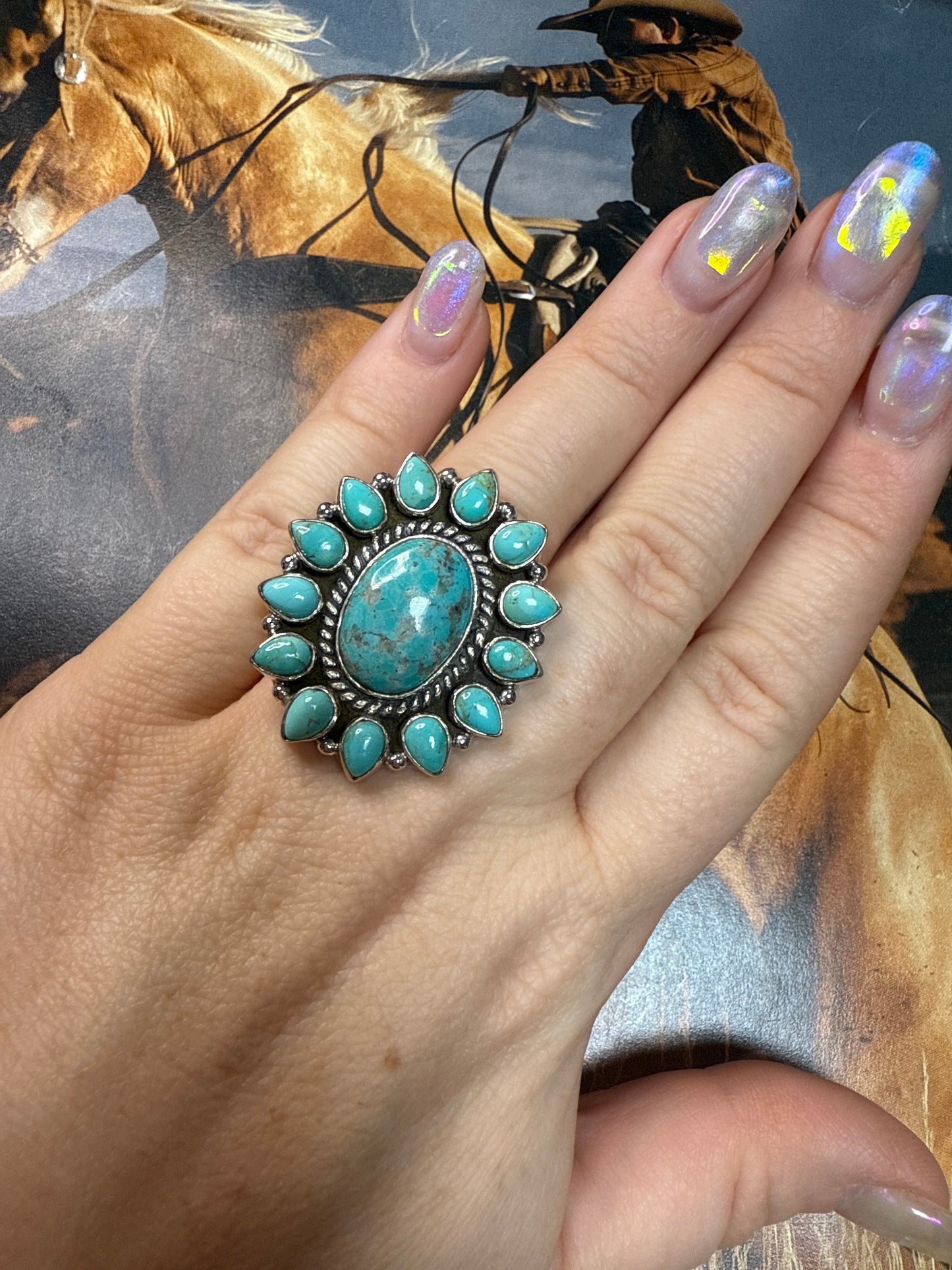 Handmade Kingman Turquoise & Sterling Adjustable Cluster Oval Ring