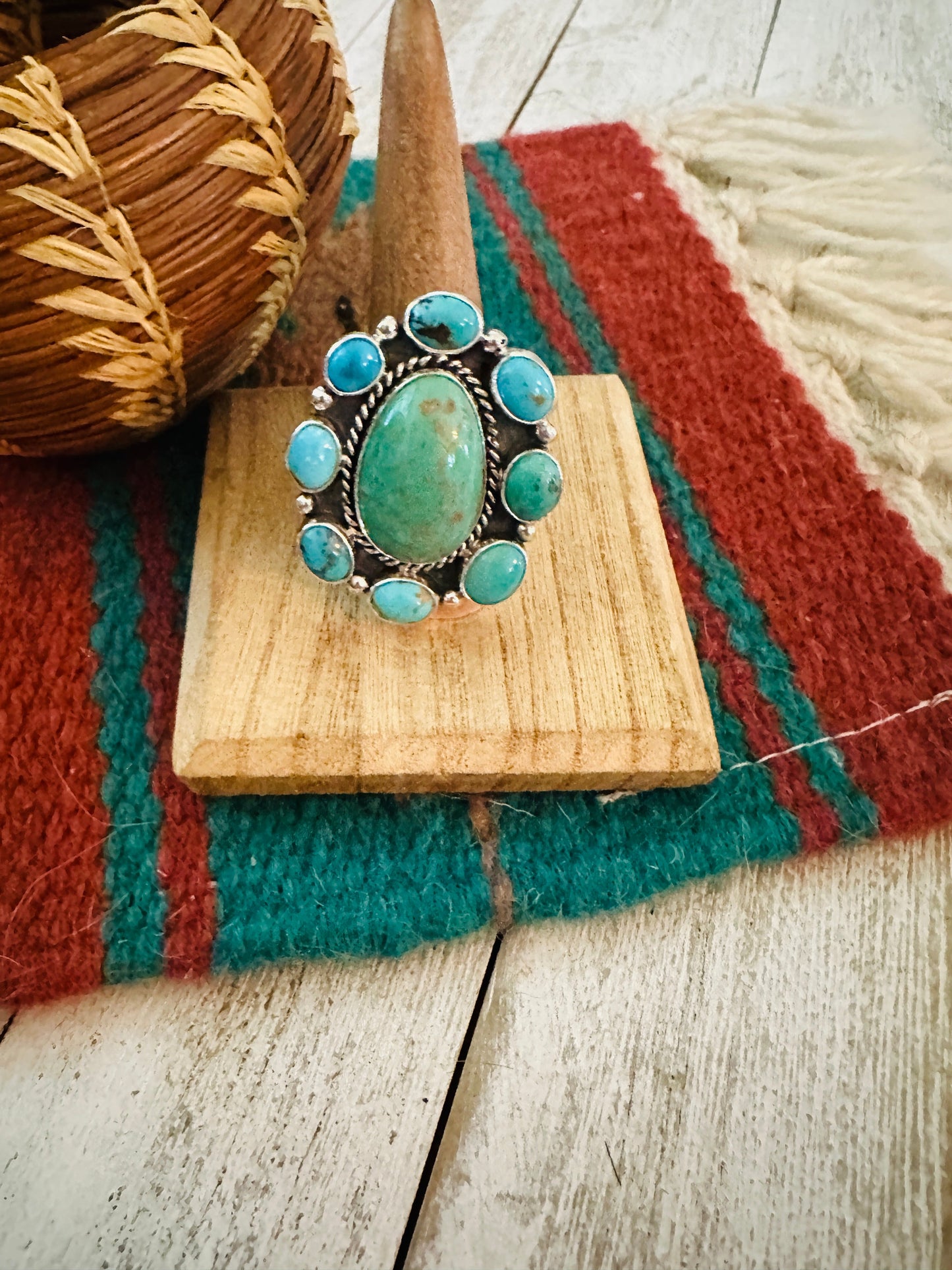 Handcrafted Sterling Silver & Turquoise Cluster Adjustable Ring