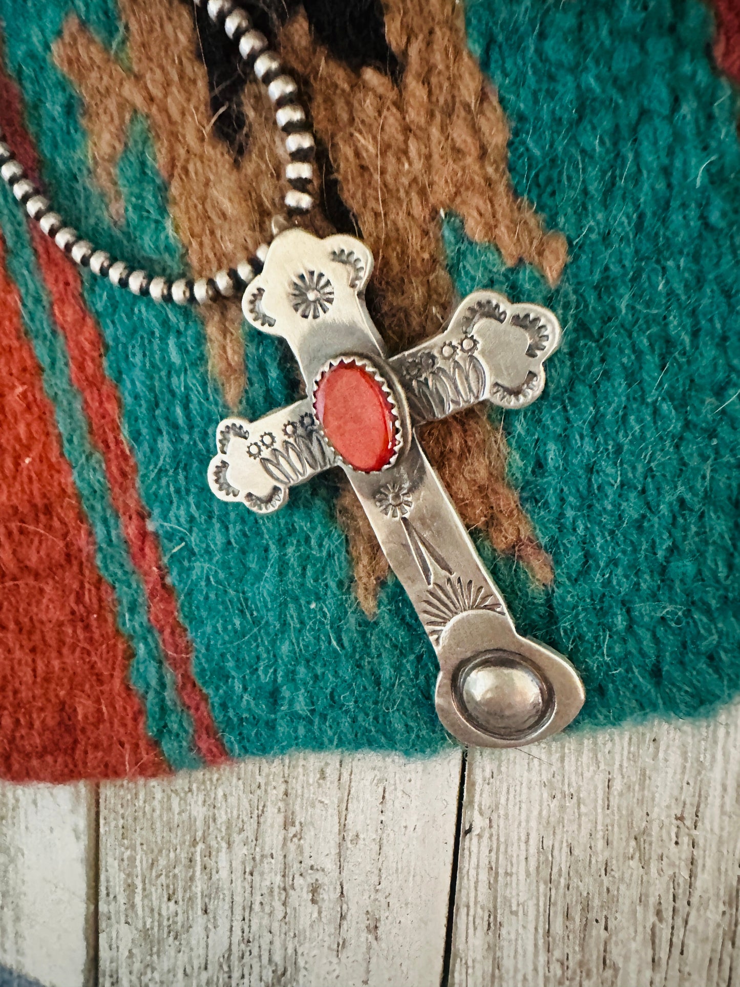Handcrafted Red Spiny & Sterling Silver Cross Pendant