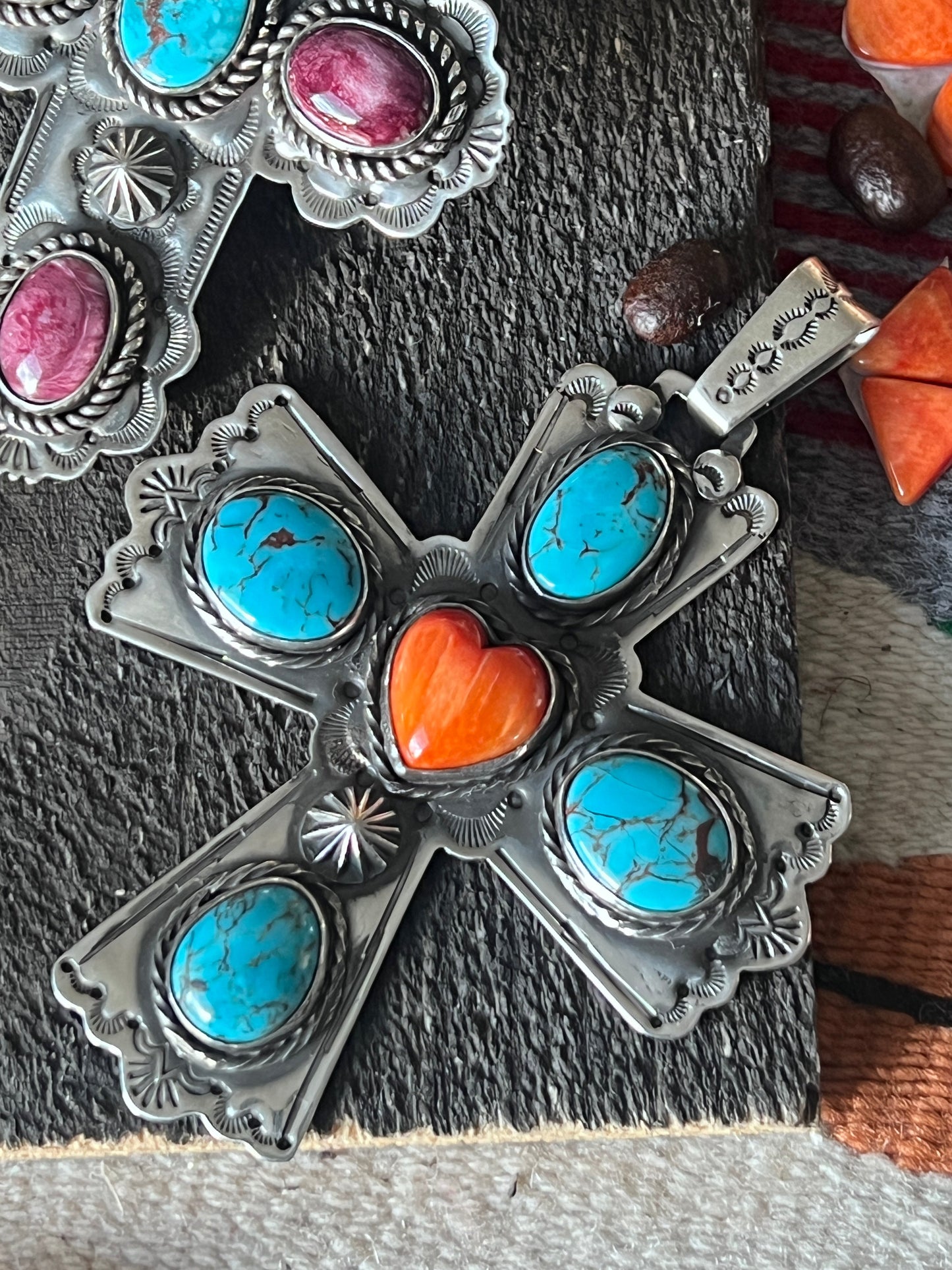 Hand Stamped Sterling Silver, Egyptian Turquoise & Spiny Oyster Cross Pendant by Kimari Somers