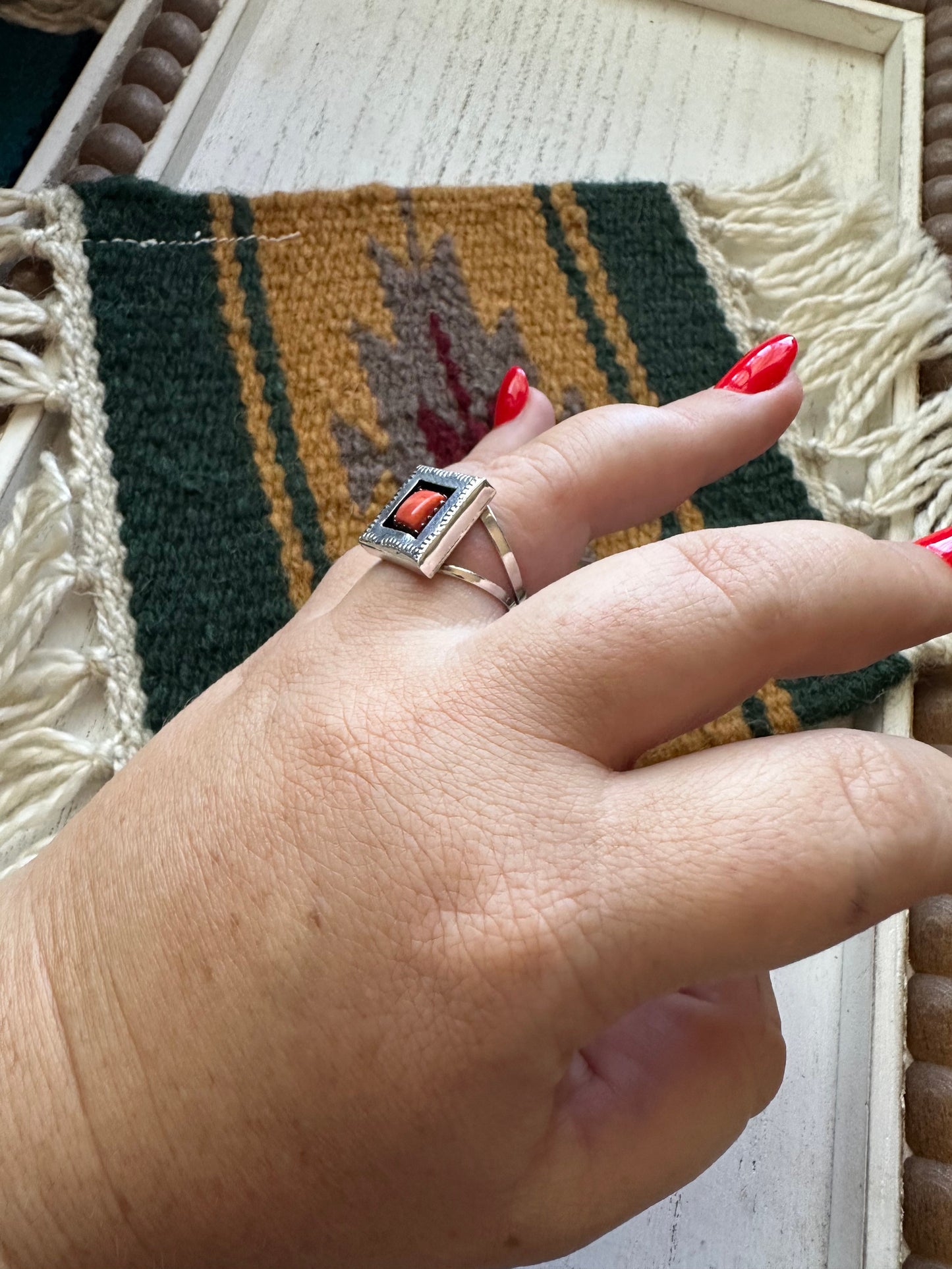 Navajo Orange Spiny & Sterling Silver Square Ring