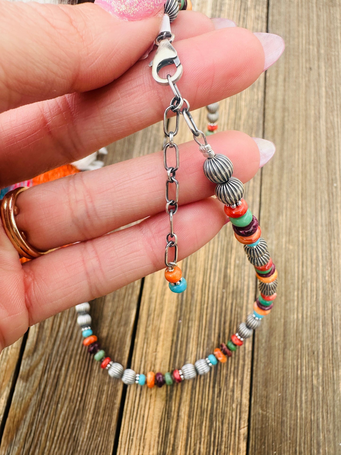 Handcrafted Multi Stone & Sterling Silver 16” Beaded Necklace