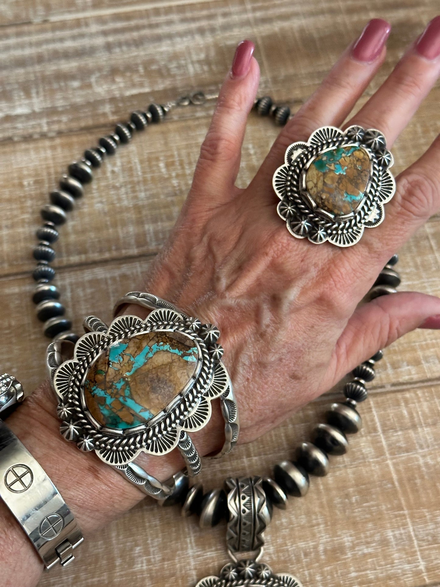 Charles Johnson Handcrafted Ribbon Turquoise & Sterling Silver Necklace, Bracelet and Ring  Set Signed