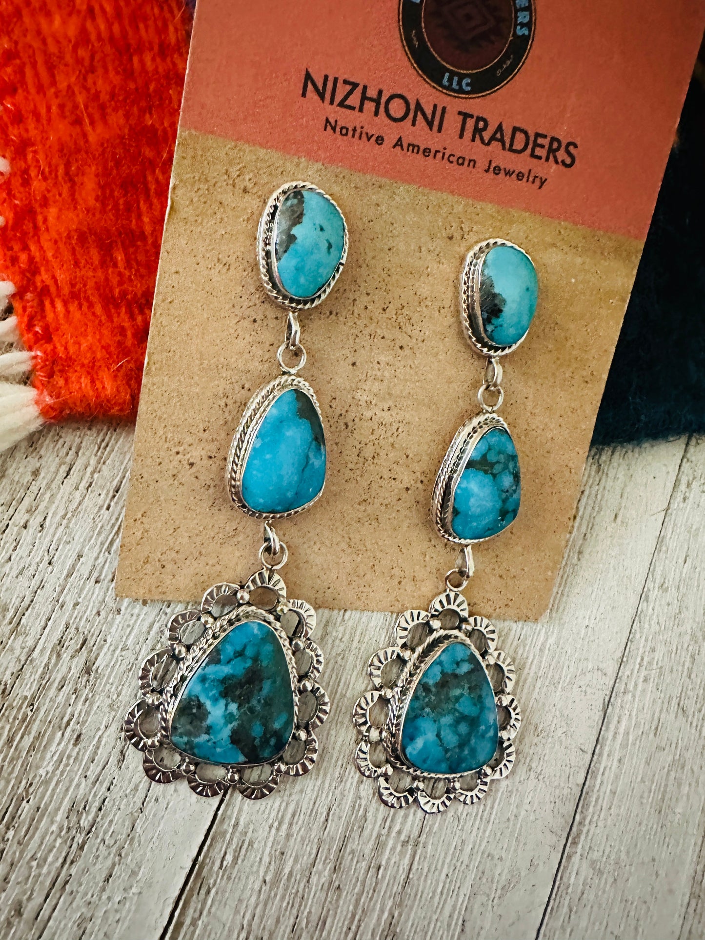 Navajo Kingman Web Turquoise and Sterling Silver Dangle Earrings