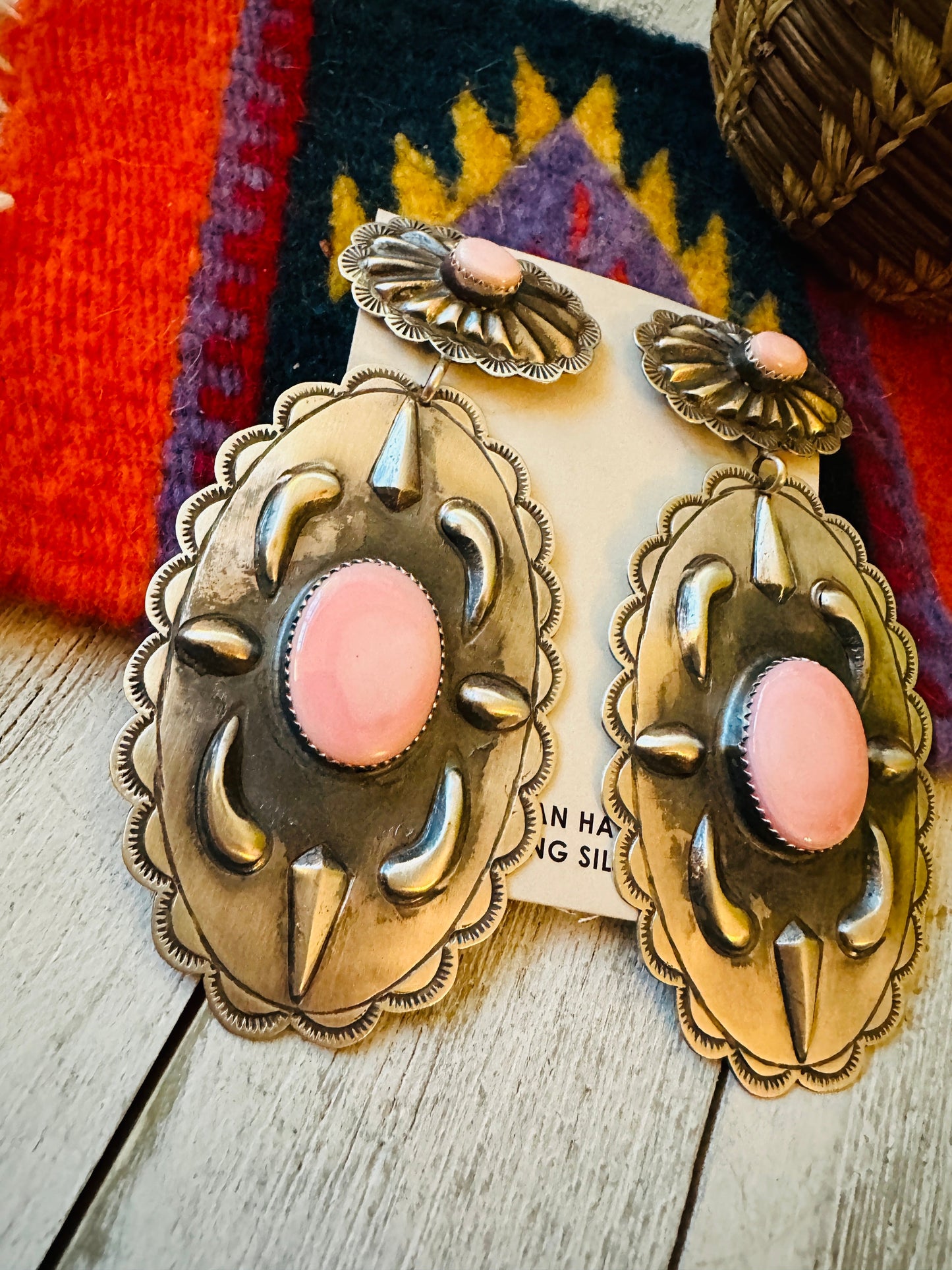 Navajo Queen Pink Conch & Sterling Silver Concho Dangle Earrings