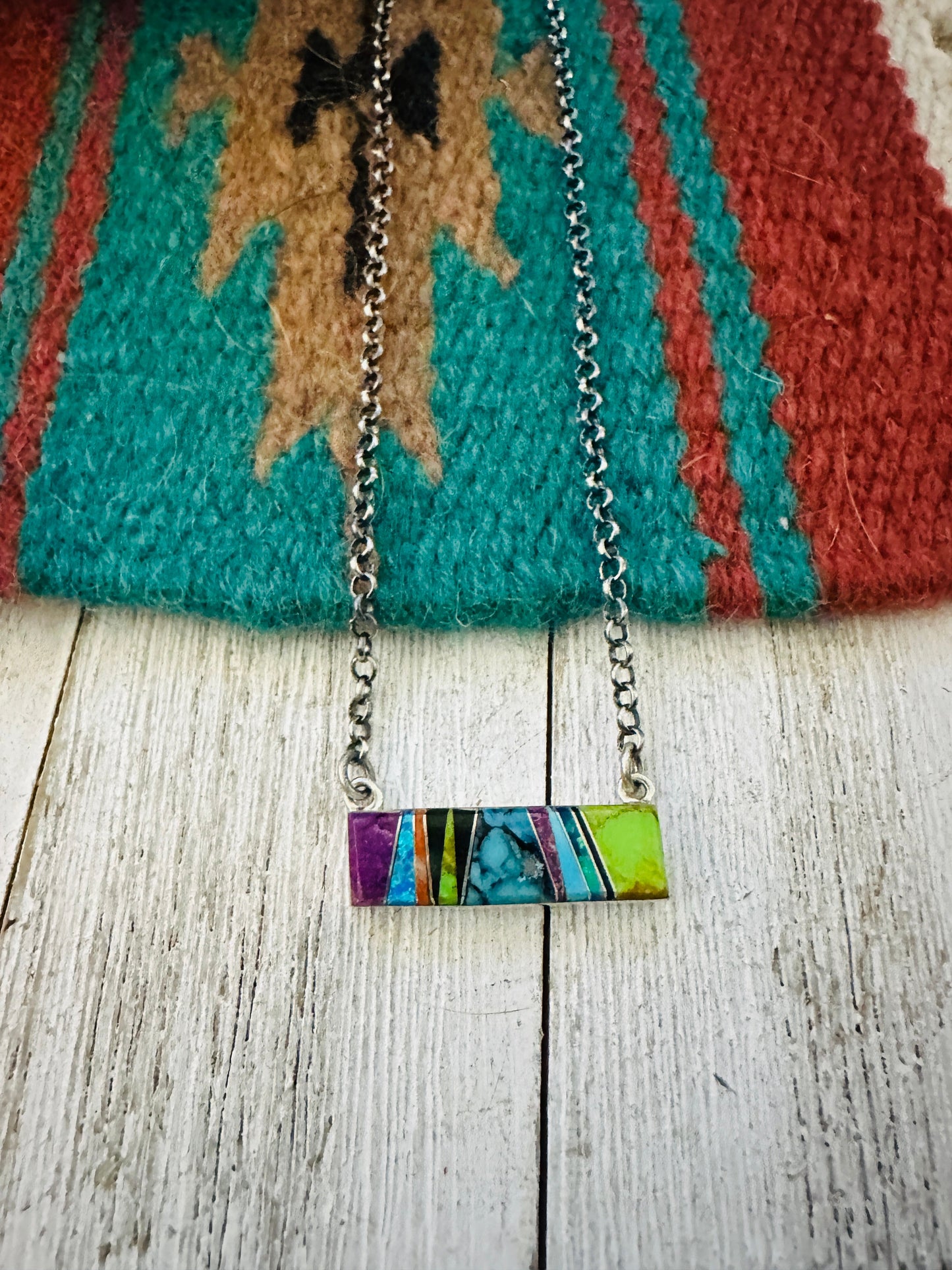 Handcrafted Multi Stone & Sterling Silver Inlay Bar Necklace