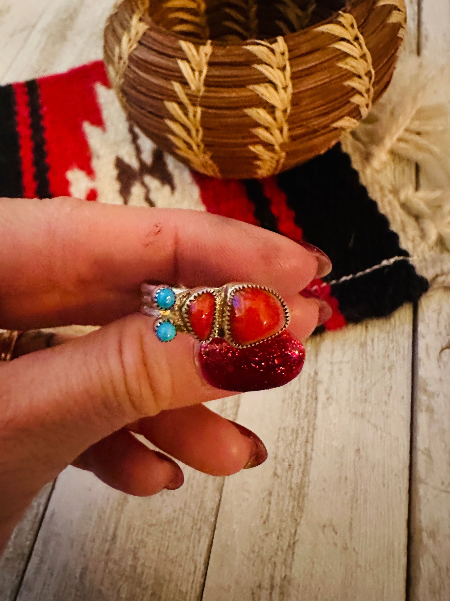 Handcrafted Coral, Turquoise & Sterling Silver Inlay Ring Size 7