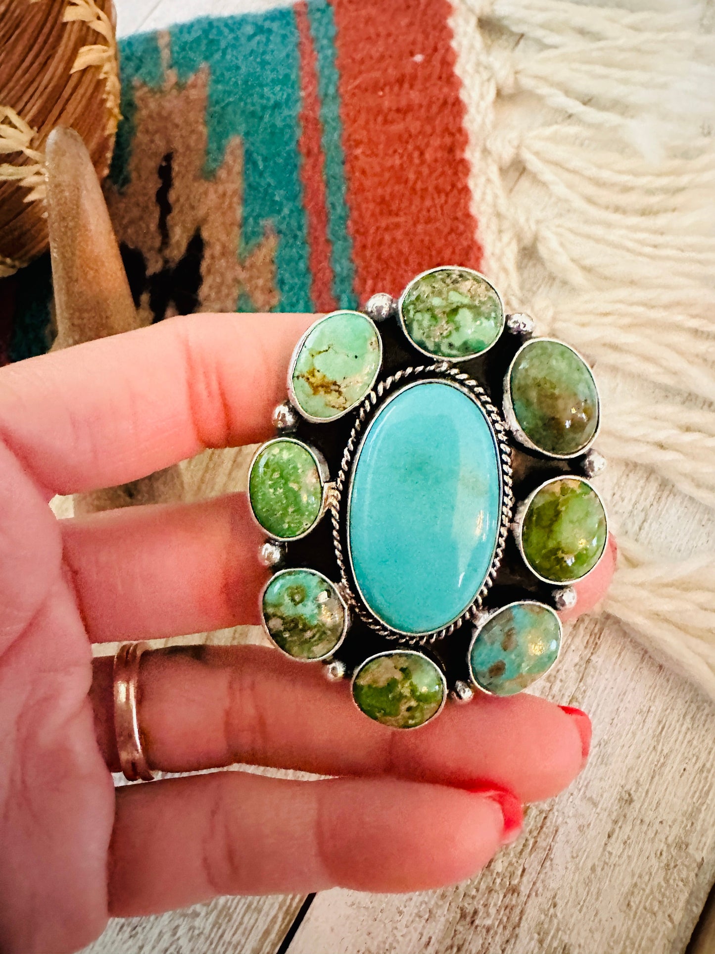 Handcrafted Sterling Silver & Multi Turquoise Cluster Adjustable Ring