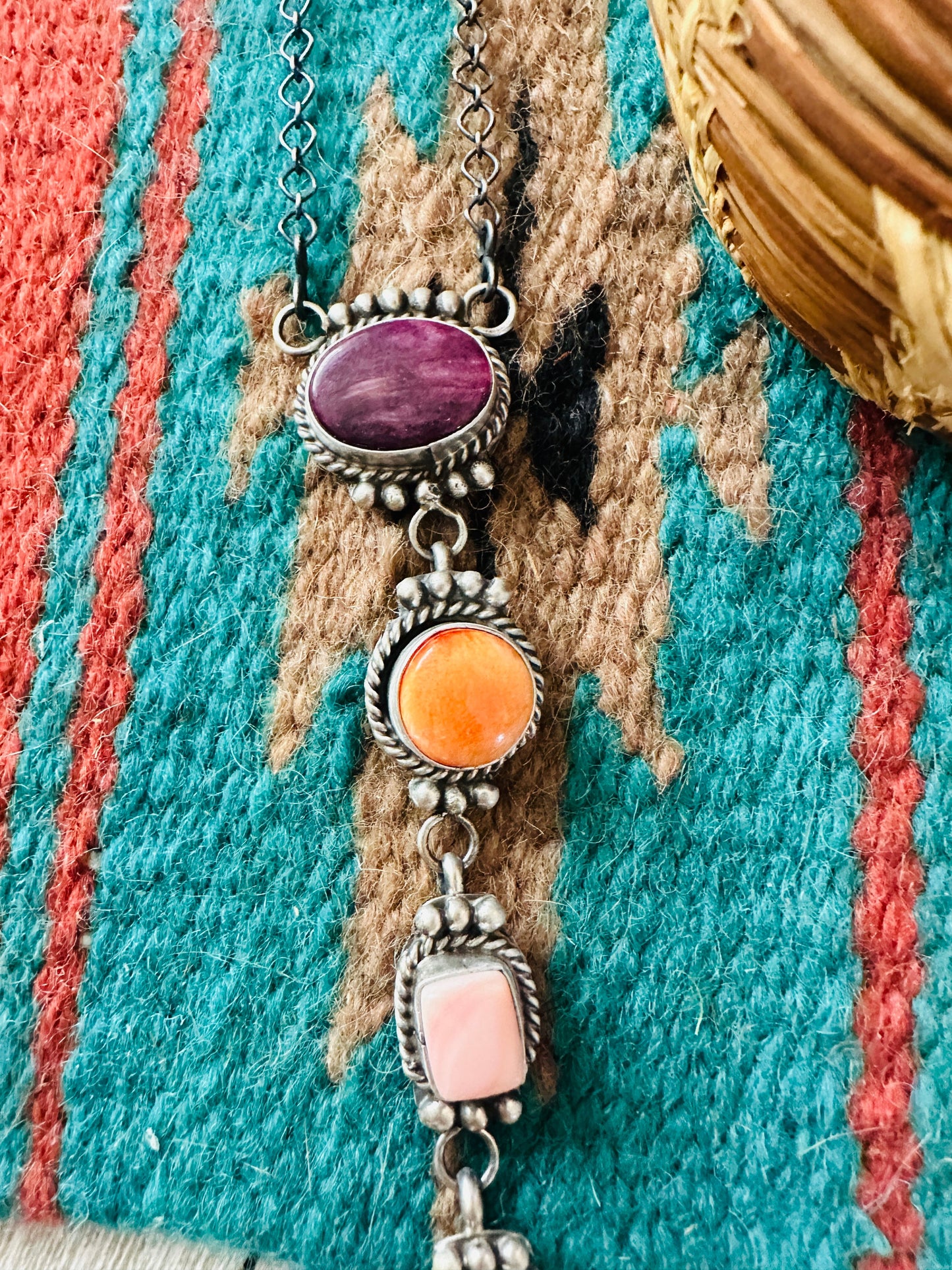 Handcrafted Sterling Silver & Multi Stone Lariat Necklace