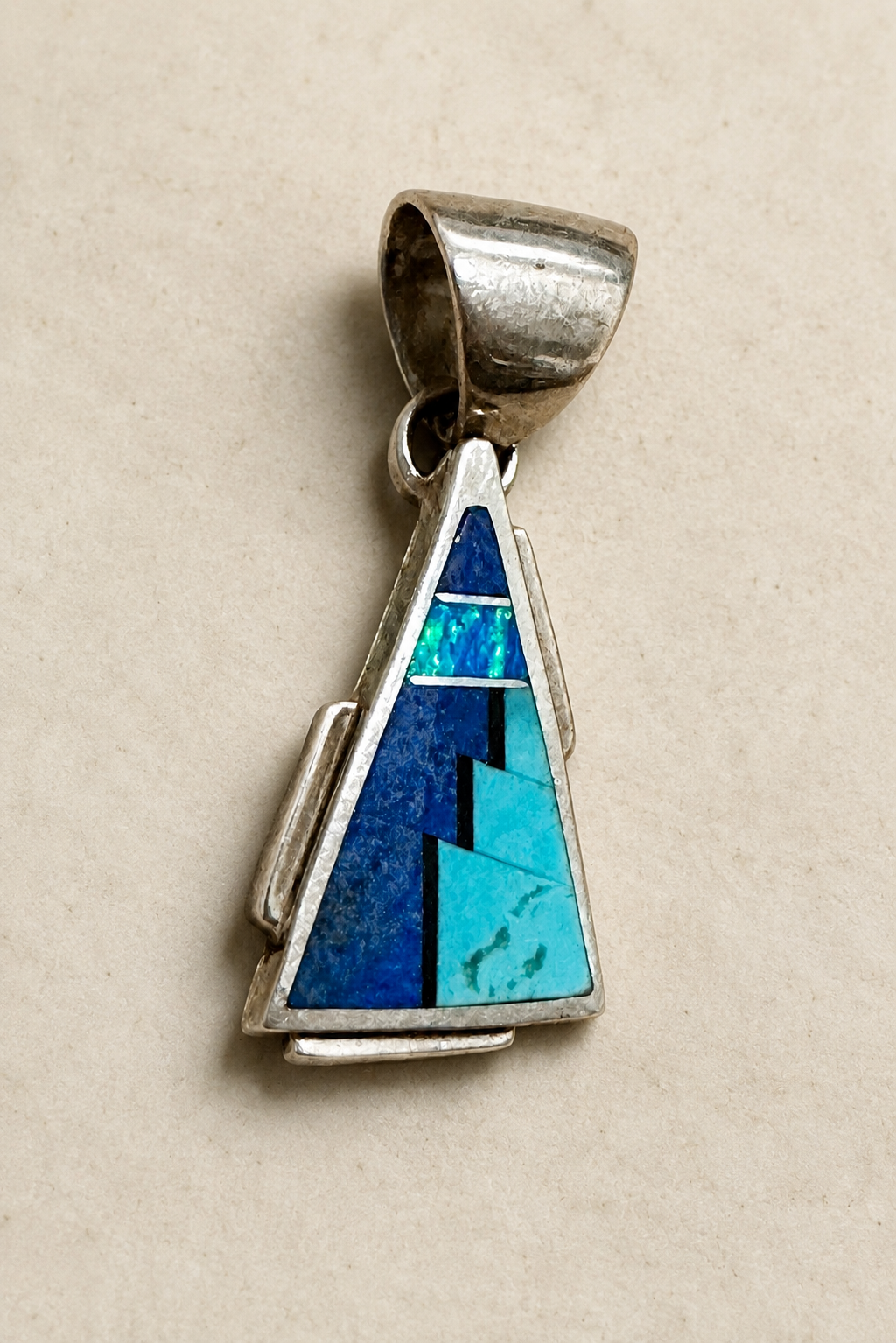 Handcrafted Lapis Turquoise Blue Opal Triangle Pendant 1.5”