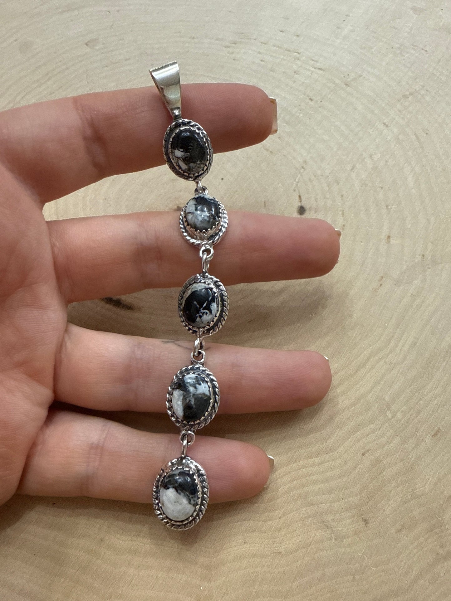 Handmade White Buffalo & Sterling Silver 5 Stone Pendant Signed Nizhoni