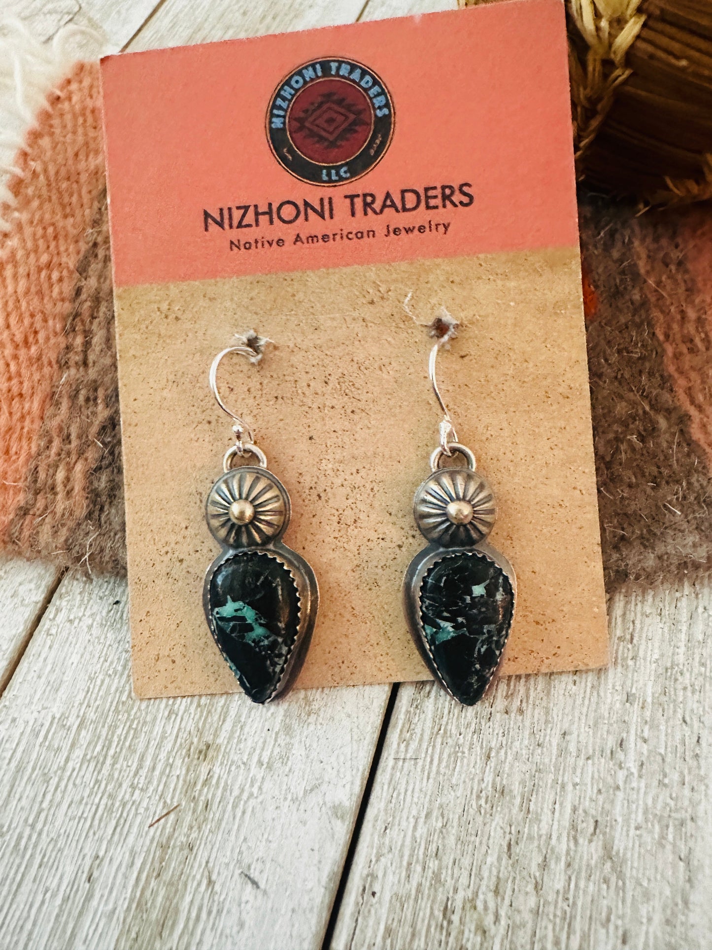 Handcrafted Sterling Silver & Blackjack Turquoise Dangle Earrings