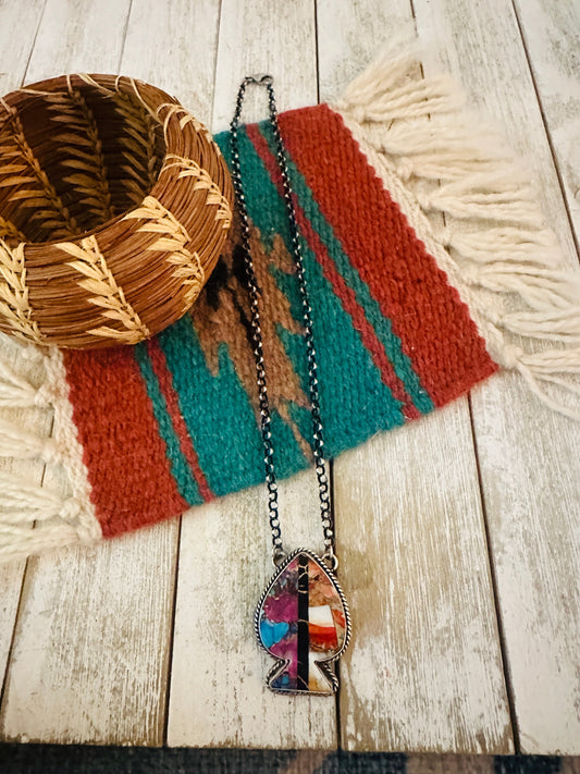 Handcrafted Sterling Silver & Multi Stone Inlay Spade Necklace