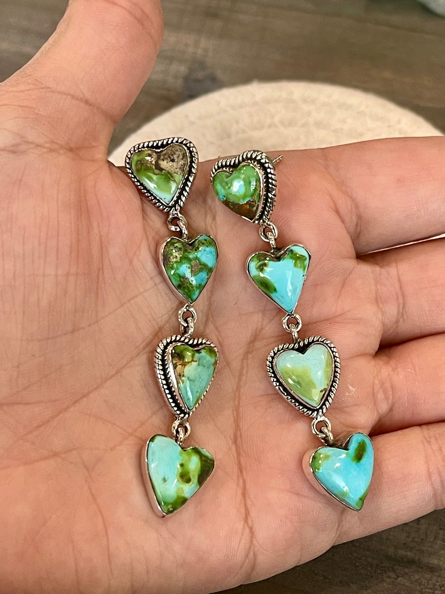 Handmade Emerald Valley Turquoise and Sterling Silver Dangle Heart Earrings
