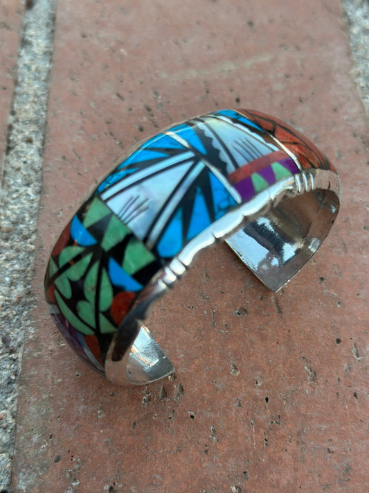 Handmade Sterling Silver Multi Stone Mosaic Inlay Cuff