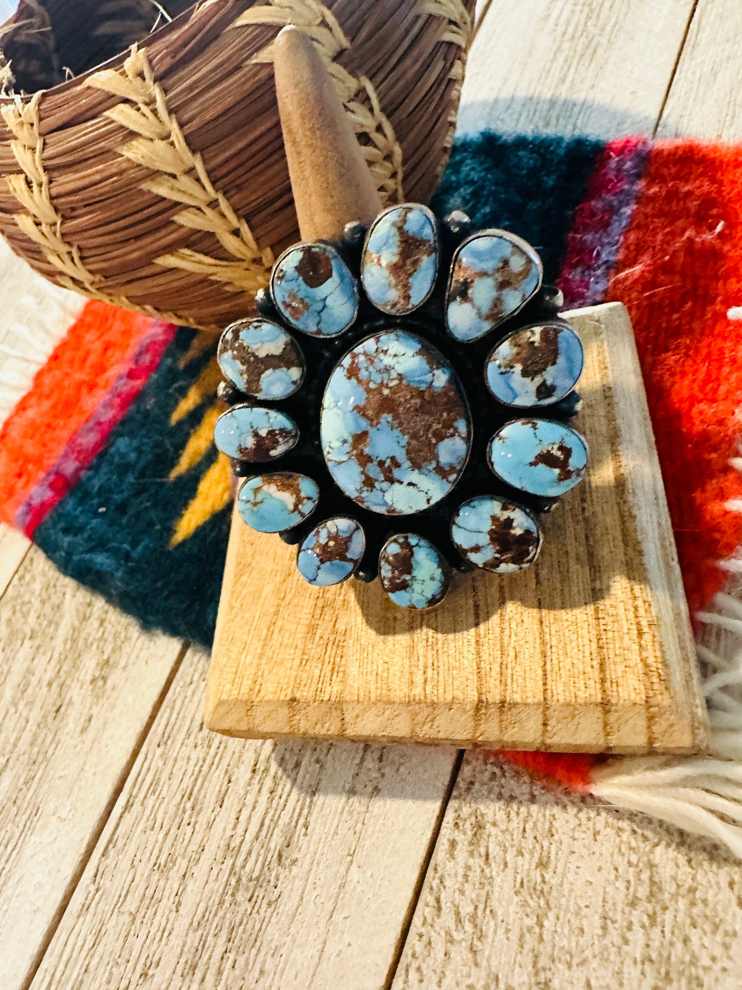 Handcrafted Golden Hills Turquoise & Sterling Silver Cluster Ring by Blaine Yellowhorse, Size 8.5