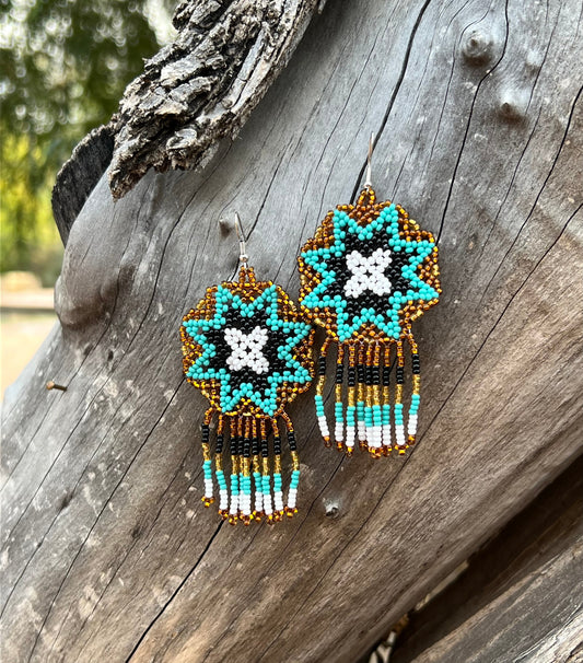 Handmade MultiColor Beaded Dangle Earrings (Gold & Turquoise)