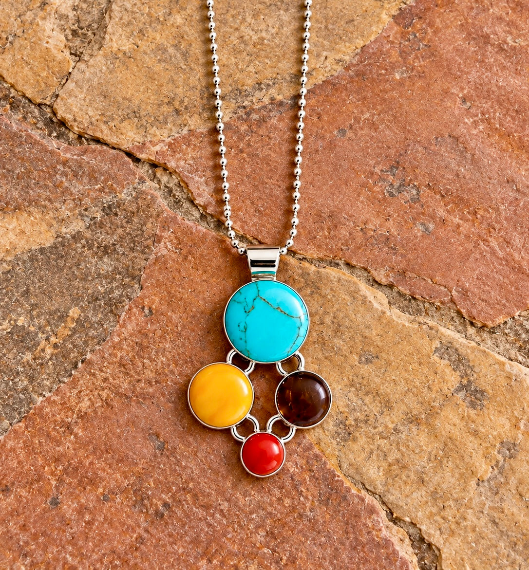 Turquoise & Spiny Circles Sterling Silver Pendant Necklace