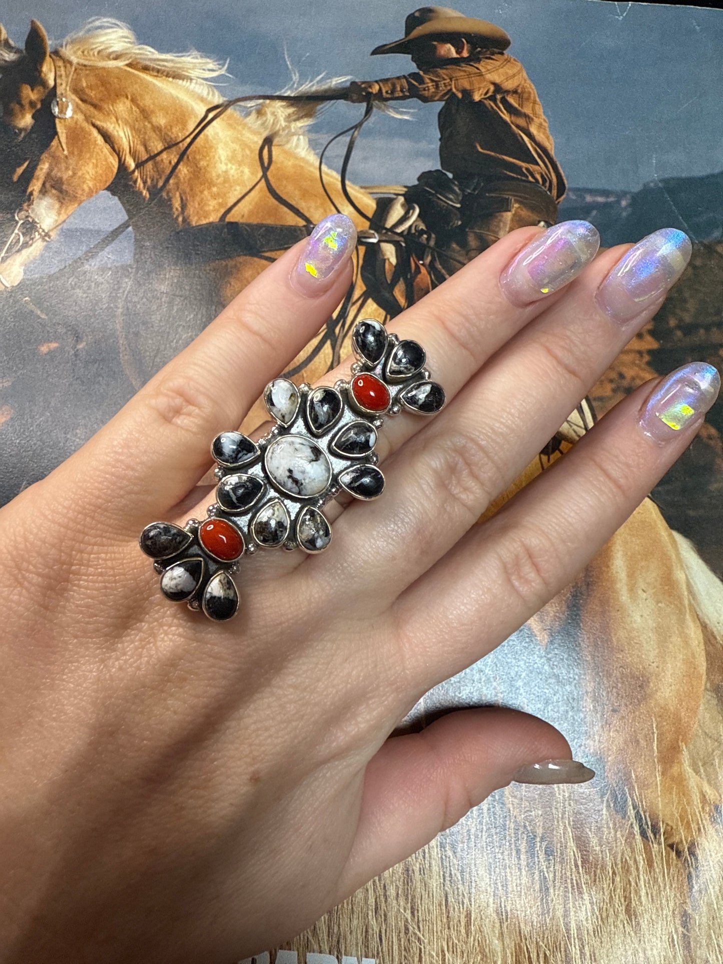 Handmade Coral, White Buffalo & Sterling Silver Adjustable Ring Signed Nizhoni