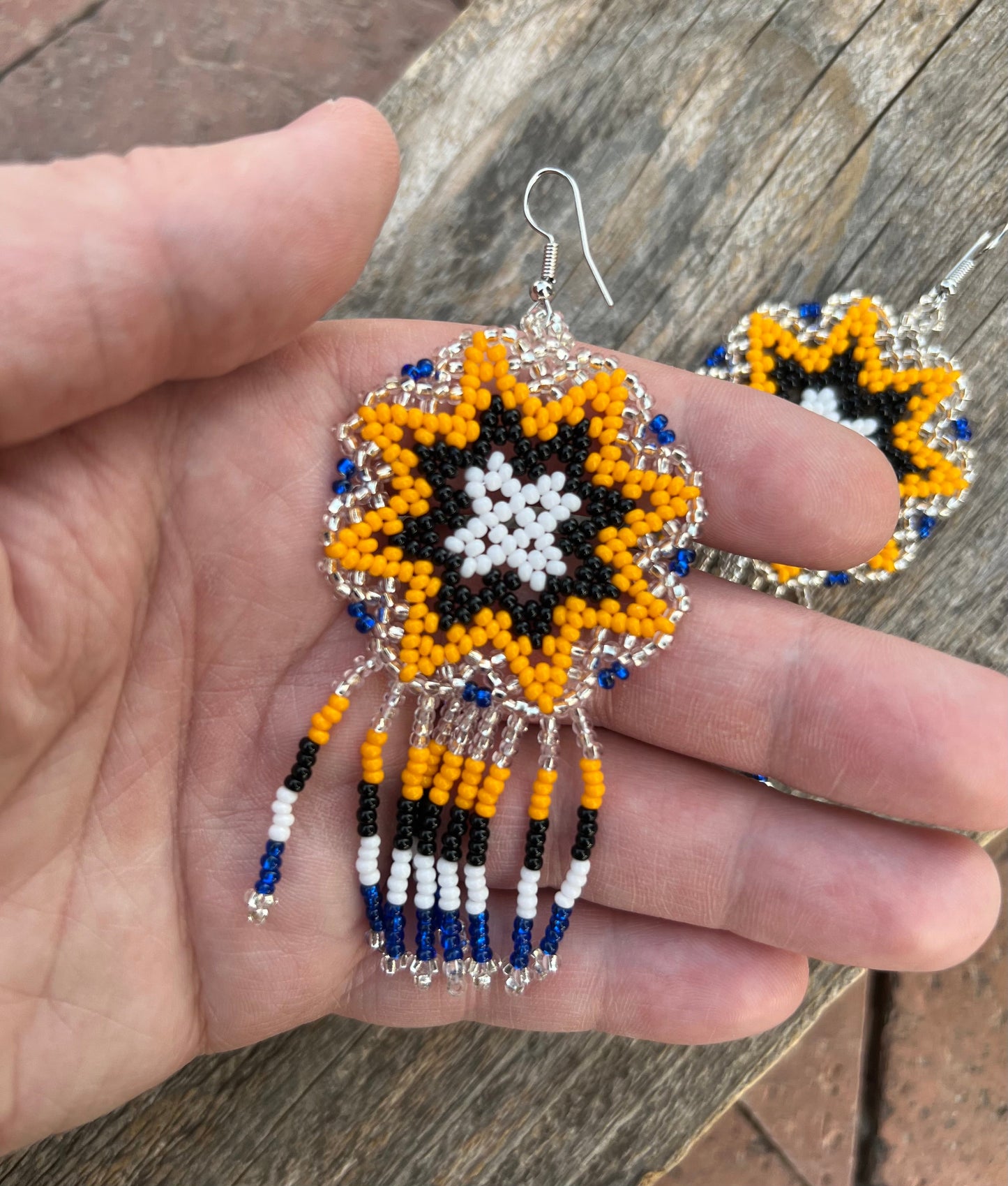 Handmade MultiColor Beaded Dangle Earrings (Yellow, Black, & White)