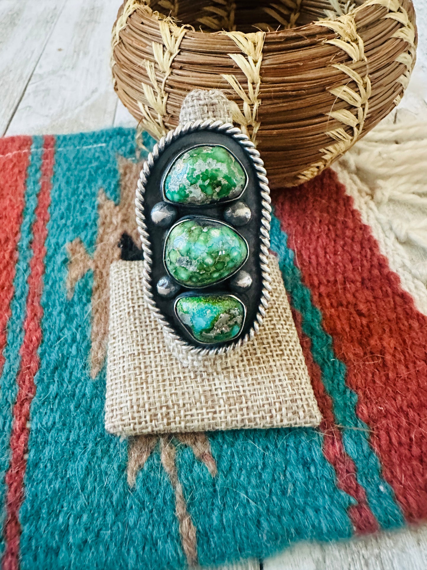 Handcrafted Sonoran Mountain Turquoise & Sterling Silver Ring Chimney Butte Size 9