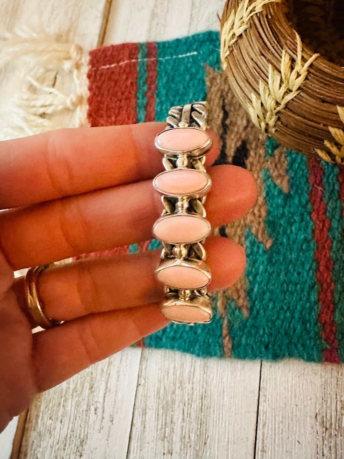 Handcrafted 5 Stone Queen Pink Conch Shell & Sterling Silver Cuff Bracelet