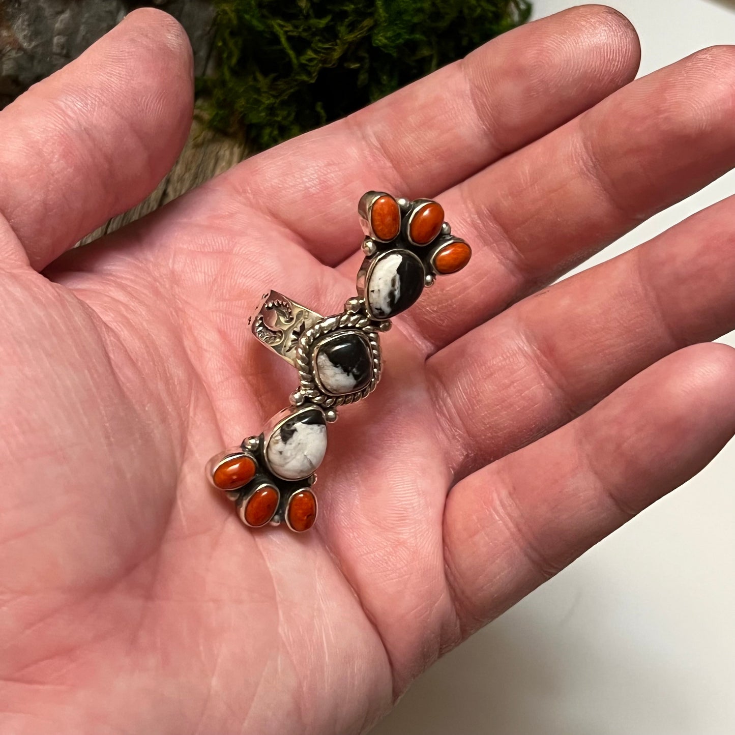 Handmade Coral & White Buffalo Sterling Silver Cluster Ring