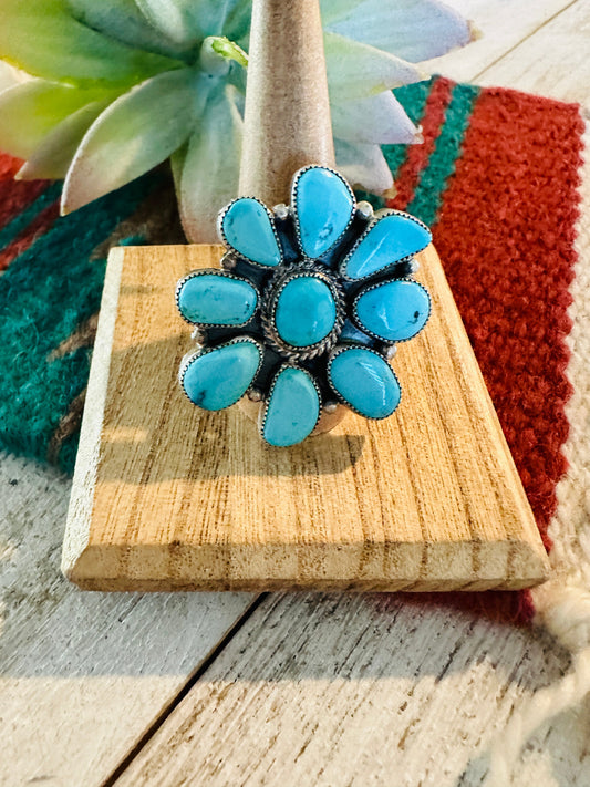 Handcrafted Turquoise & Sterling Silver Cluster Ring Size 10