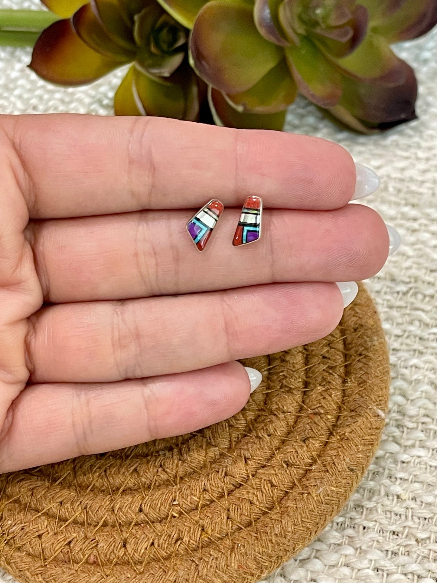 Beautiful Handmade Sterling Silver & Multi Stone Inlay Stud Earrings