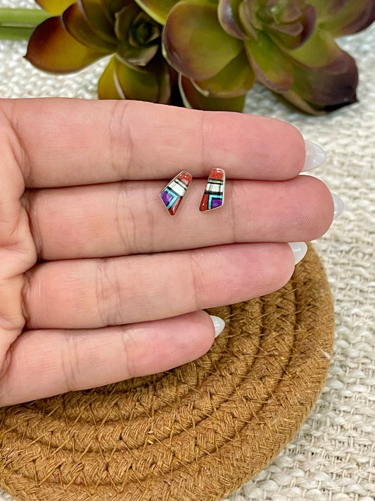 Beautiful Handmade Sterling Silver & Multi Stone Inlay Stud Earrings