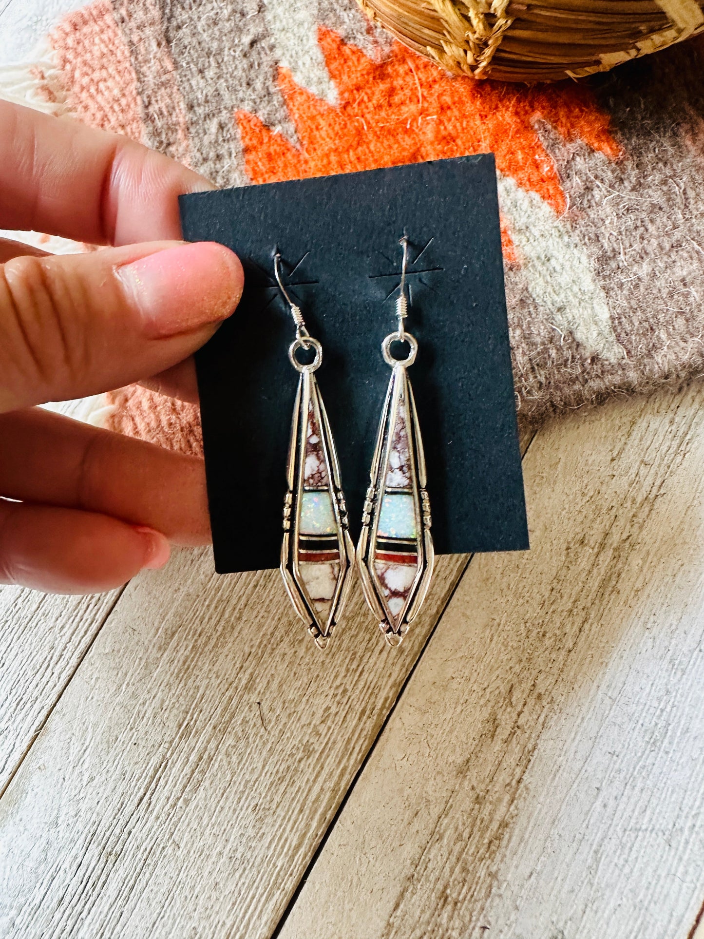 Handcrafted Sterling Silver & Multi Stone Inlay Dangle Earrings