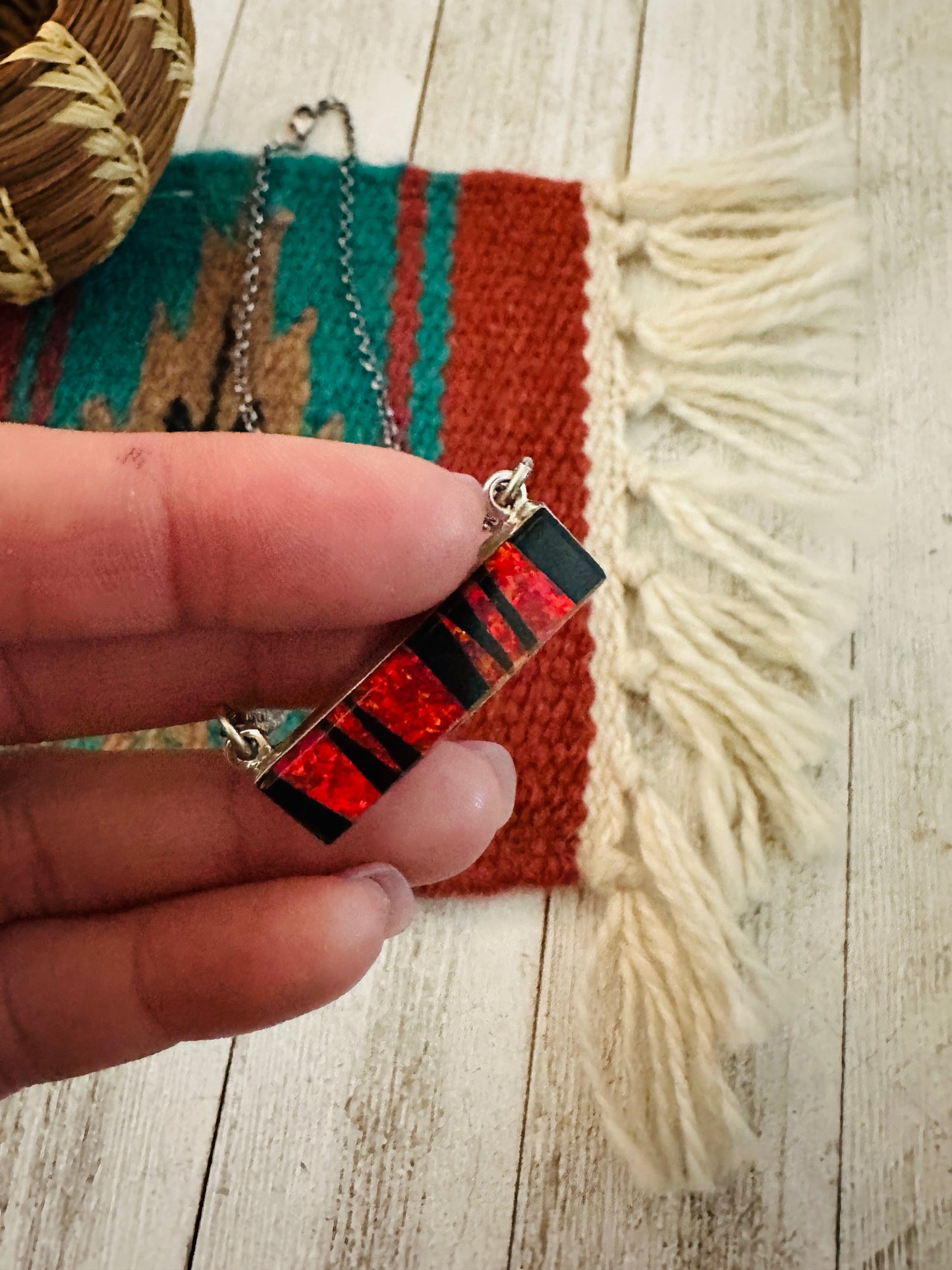 Handcrafted Opal, Onyx & Sterling Silver Inlay Bar Necklace