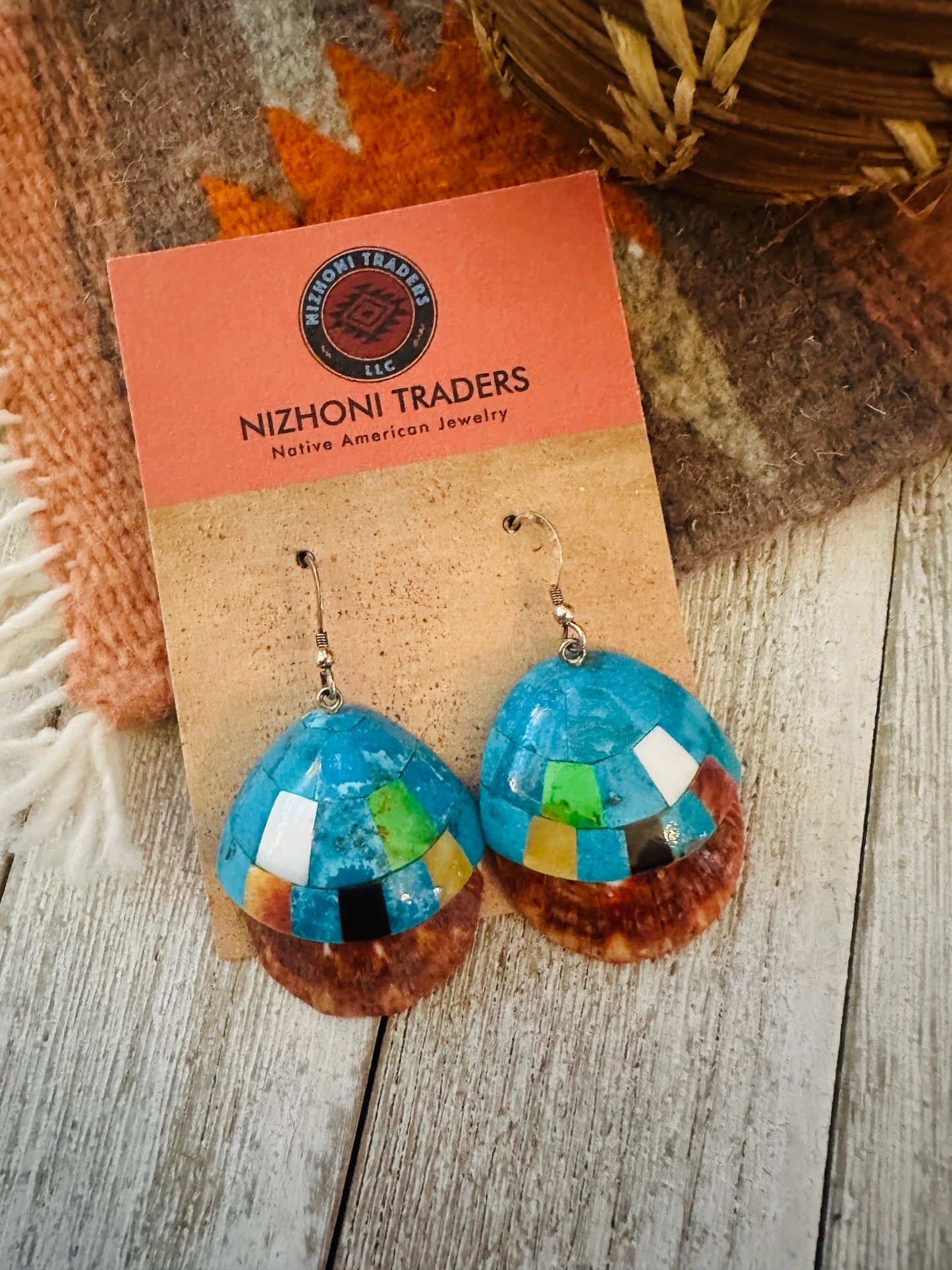 Handcrafted Multi Stone Inlay Shell Dangle Earrings