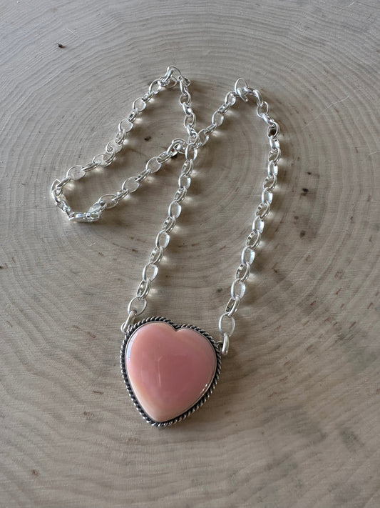Handcrafted Sterling Silver & Pink Conch Heart Necklace Signed