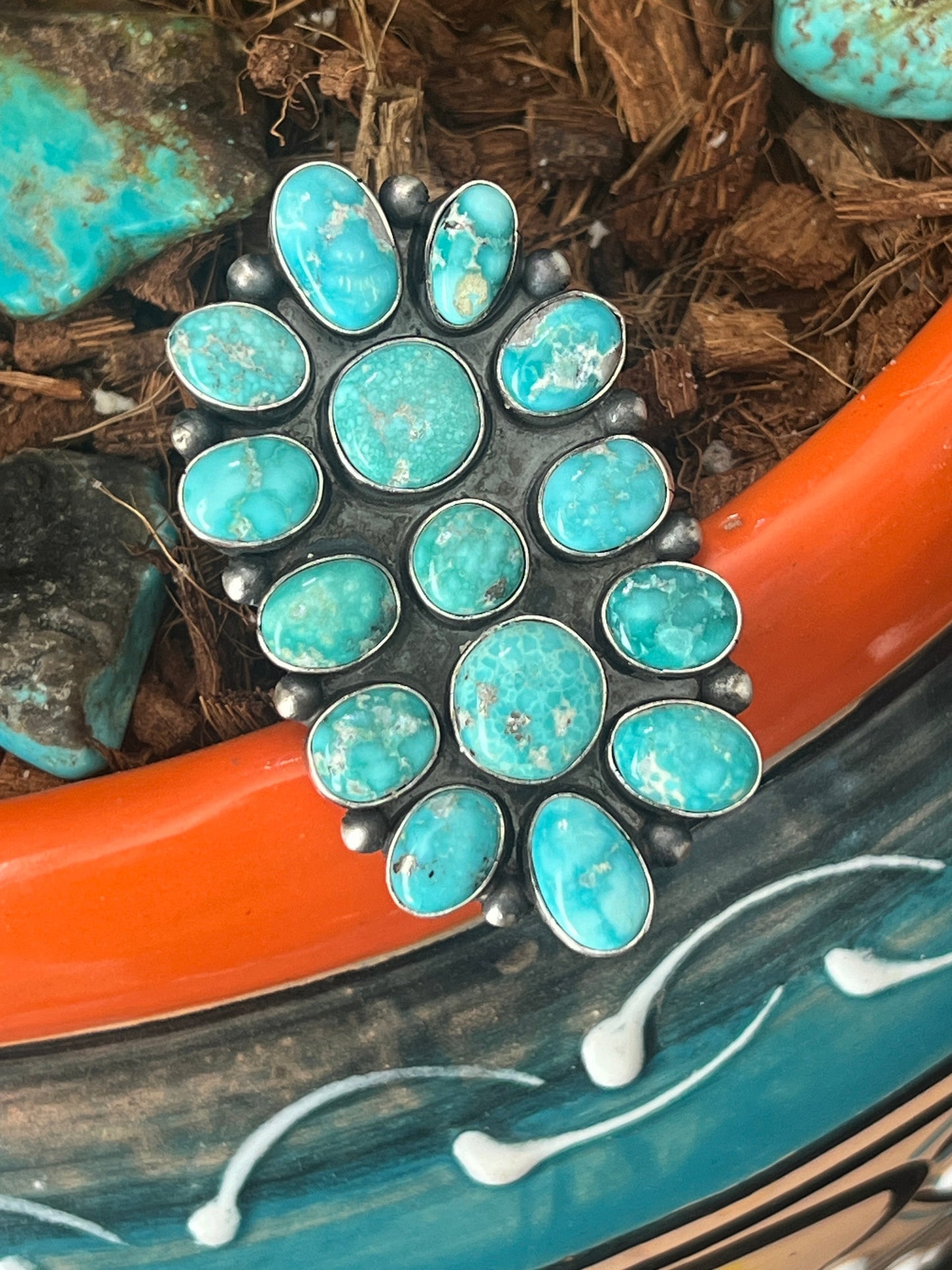 Handcrafted Paul Livingston Sterling Silver and Campitos Turquoise Cluster Ring, Size  7
